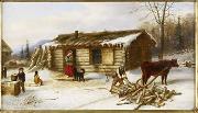 Chopping Logs Outside a Snow Covered Log Cabin, Cornelius Krieghoff